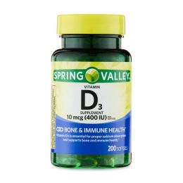 Spring Valley Vitamin D3 Supplement, 10 mcg (400 IU), 200 Softgels