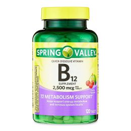 Spring Valley Vitamin B12 Quick-Dissolve Tablets Dietary Supplement, 2,500 Mcg, Cherry Flavor, 120 Count