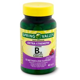 Spring Valley Extra Strength Vitamin B12 Metabolism Support Dietary Supplement Fast Dissolve Tablets, Mixed Berry, 5000 mcg, 45 Count