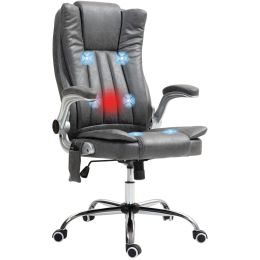 HOMCOM High Back Vibration Massage Office Chair, Leathaire Heated Computer Chair with Flip-up Armrest, Swivel Wheels & Adjustable Height, Gray