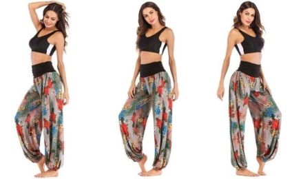 Women Casual Pants Smocked Waist Harem Hippie Boho Yoga Palazzo Casual Pants (Color: Gray, size: S)