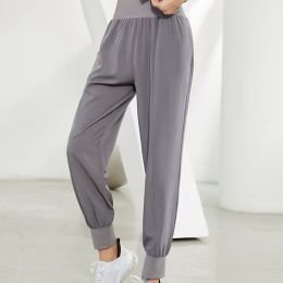 Solid Color High Waist Yoga Fitness Cropped Pants, Breasted Waist Straps Sports Jogging Pants, Women's Activewear (Color: Grey, size: M(6))