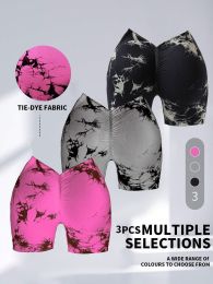 3 PACK Tie Dye Active Wear Shorts, Women Workout Shorts, High Waisted Contour Gym Yoga Biker Shorts, V Back Booty Biker Workout Gym Running Shorts (Color: 3PACK, size: L)