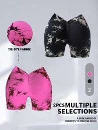 2 Pack Women's Tie Dye High Waist V-Back Scrunch Yoga Shorts, Peach Lift Seamless Sport Athletic Shorts With Stretch Fabric, Fitness Workout Bottoms (Color: 2PACK3, size: M)