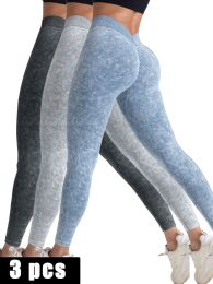 3 Pack V-Back Scrunch Butt Workout Leggings, Women Seamless Gym Yoga Leggings High Waist Active Yoga Pants, Yoga Leggings High Waist Active Yoga Pants (Color: 3PACK2, size: M)
