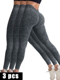 3 Pack V-Back Scrunch Butt Workout Leggings, Women Seamless Gym Yoga Leggings High Waist Active Yoga Pants, Yoga Leggings High Waist Active Yoga Pants (Color: 3PACK1, size: M)