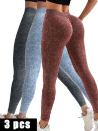 3 Pack V-Back Scrunch Butt Workout Leggings, Women Seamless Gym Yoga Leggings High Waist Active Yoga Pants, Yoga Leggings High Waist Active Yoga Pants (Color: 3PACK4, size: L)