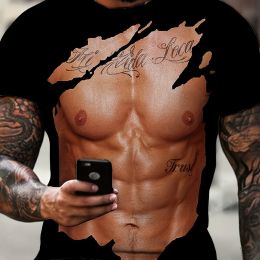 Funny Torn Body Print, Men's Flat Design Round Neck Activity T-shirt, Summer Casual Comfortable T-shirt, Men's Top For Daily Gym Exercise And Running (Color: Black, size: 5XL)