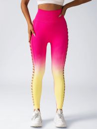 Women's High-Waisted Gradient Yoga Pants, Cutout Leggings, Booty Lifting, Athletic Long Tights For Fitness Workout, Breathable Sportswear (Color: Yellow, size: L)