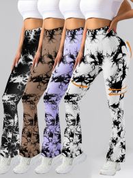 4 Pack Flared Yoga Leggings For Women High Waisted Tie-dye Print Butt Lifting Stretch Sports Workout Bodybuilding Pants (Color: 4PACK, size: M)