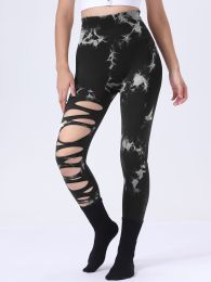 Butt Lifting Yoga Gym Athletic Pants, Hollow Out Tummy Control Sports Leggings Tie Dye Running Pants (Color: Black, size: M)