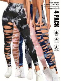 4 Pack Tie-dye Workout Leggings For Women HighWaist Seamless Scrunch Butt Lifting Gym Yoga Pants Elastic Pants (Color: 4PACK3, size: S)