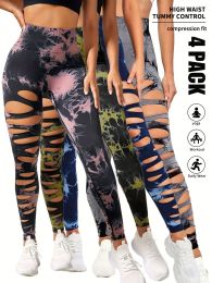 4 Pack Tie-dye Workout Leggings For Women HighWaist Seamless Scrunch Butt Lifting Gym Yoga Pants Elastic Pants (Color: 4PACK1, size: L)