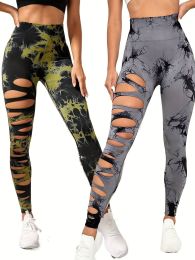 2 Pack Hollow Sexy High Elastic Women's Tie Dye Cutout Tights High Waist Workout Yoga Leggings, Scrunch Butt Lifting Elastic Pants (Color: 2PACK14, size: S)