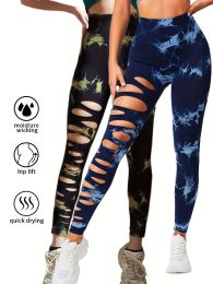2 Pack Hollow Sexy High Elastic Women's Tie Dye Cutout Tights High Waist Workout Yoga Leggings, Scrunch Butt Lifting Elastic Pants (Color: 2PACK13, size: L)
