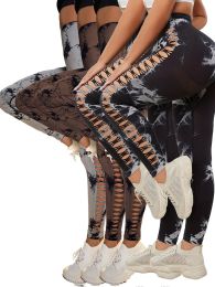 5 Pack Women's Tie-Dye Cutout Yoga Pants High-Waisted Leggings Women's Tie-Dye Leggings, (Color: 5PACK2, size: L)