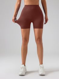 Female V-shape Waist Scrunch Elastic Tight High-rise Shorts, Seamless V Back Scrunch Women Gym Shorts (Color: coffee, size: M)