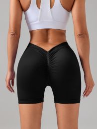 Female V-shape Waist Scrunch Elastic Tight High-rise Shorts, Seamless V Back Scrunch Women Gym Shorts (Color: Black, size: S)