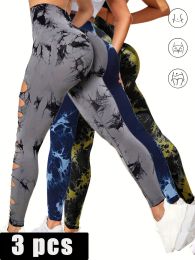 3 Pack Women's Tie Dye Cutout Tights High Waist Workout Yoga Leggings, Scrunch Butt Lifting Elastic Pants (Color: 3PACK5, size: L)