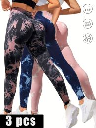 3 Pack Women's Tie Dye Cutout Tights High Waist Workout Yoga Leggings, Scrunch Butt Lifting Elastic Pants (Color: 3PACK6, size: S)