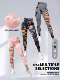 3 Pack Women's Tie Dye Cutout Tights High Waist Workout Yoga Leggings, Scrunch Butt Lifting Elastic Pants (Color: 3PACK2, size: L)