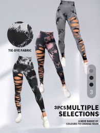 3 Pack Women's Tie Dye Cutout Tights High Waist Workout Yoga Leggings, Scrunch Butt Lifting Elastic Pants (Color: 3PACK4, size: L)