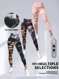 3 Pack Women's Tie Dye Cutout Tights High Waist Workout Yoga Leggings, Scrunch Butt Lifting Elastic Pants (Color: 3PACK1, size: M)