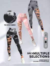 3 Pack Women's Tie Dye Cutout Tights High Waist Workout Yoga Leggings, Scrunch Butt Lifting Elastic Pants (Color: 3PACK3, size: L)