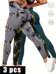 3 Pack Women's Tie Dye Cutout Tights High Waist Workout Yoga Leggings, Scrunch Butt Lifting Elastic Pants (Color: 3PACK7, size: L)