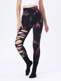 Butt Lifting Yoga Gym Athletic Pants, Hollow Out Tummy Control Sports Leggings Tie Dye Running Pants (Color: Rosepink, size: L)