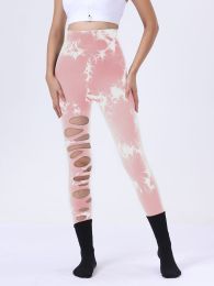 Butt Lifting Yoga Gym Athletic Pants, Hollow Out Tummy Control Sports Leggings Tie Dye Running Pants (Color: Pink, size: L)