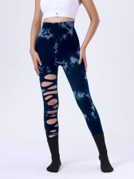 Butt Lifting Yoga Gym Athletic Pants, Hollow Out Tummy Control Sports Leggings Tie Dye Running Pants (Color: Blue, size: S)