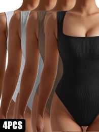 4 Pack Women Jumpsuit Workout Romper Short Sleeve Gym One Piece Bodycon Unitards Tummy Control Yoga Bodysuit (Color: 4PACK1, size: M)