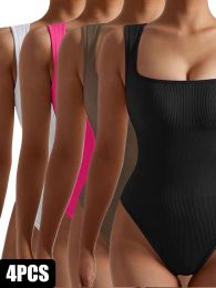 4 Pack Women Jumpsuit Workout Romper Short Sleeve Gym One Piece Bodycon Unitards Tummy Control Yoga Bodysuit (Color: 4PACK2, size: M)