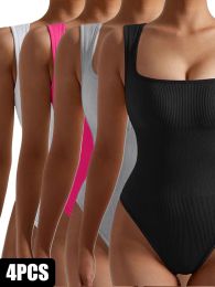 4 Pack Women Jumpsuit Workout Romper Short Sleeve Gym One Piece Bodycon Unitards Tummy Control Yoga Bodysuit (Color: 4PACK4, size: S)